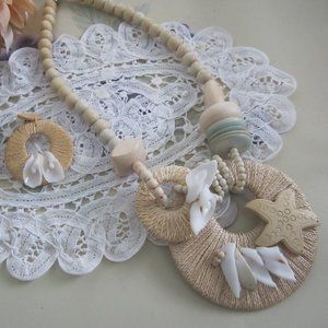 Vintage Shell Embellished Necklace and Pierced Earring Set - Circa 1980